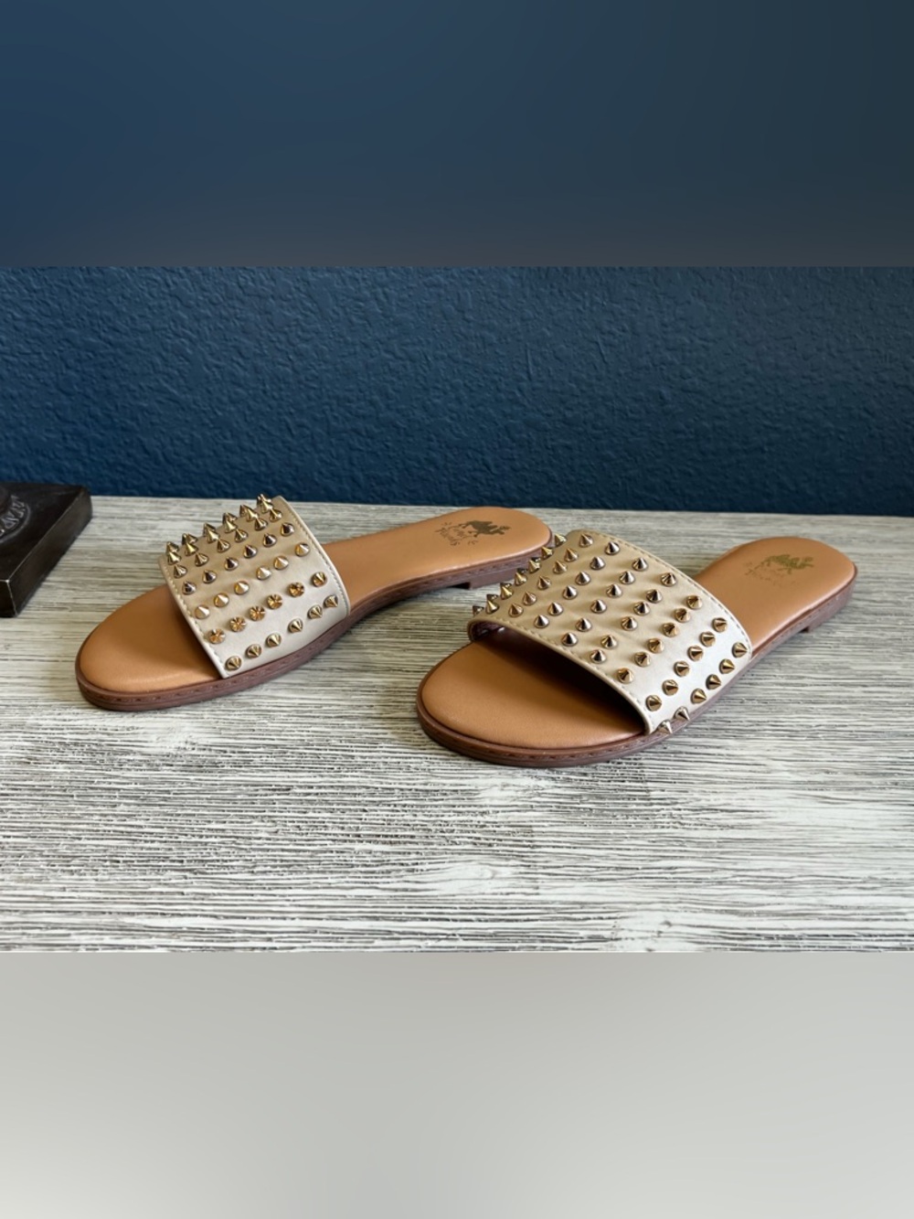 NWOT!!! Studded Slide Sandals in Cream with Tan Footbed